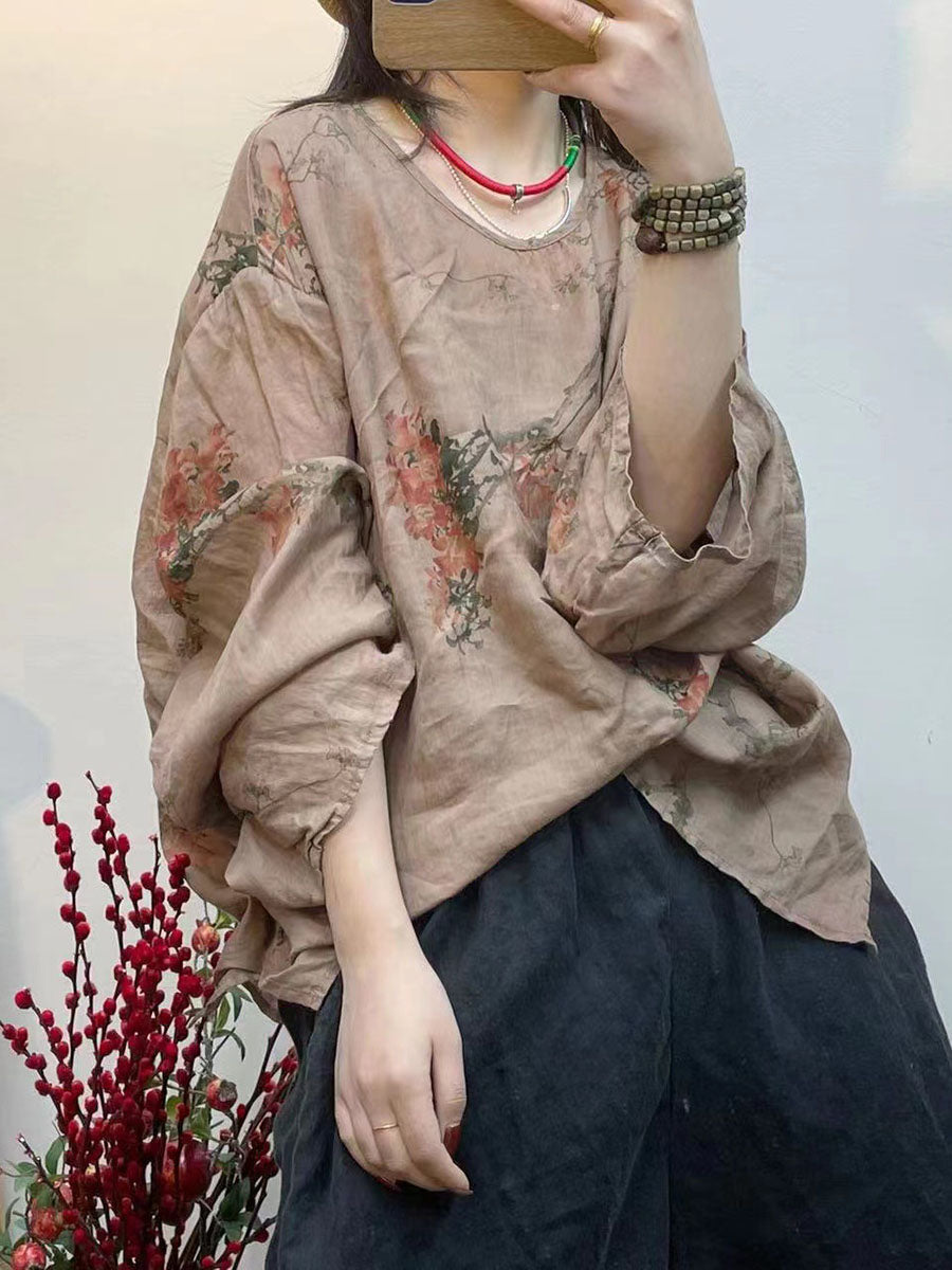 Plus Size Women Spring Vintage Floral Print Loose Thin Blouse