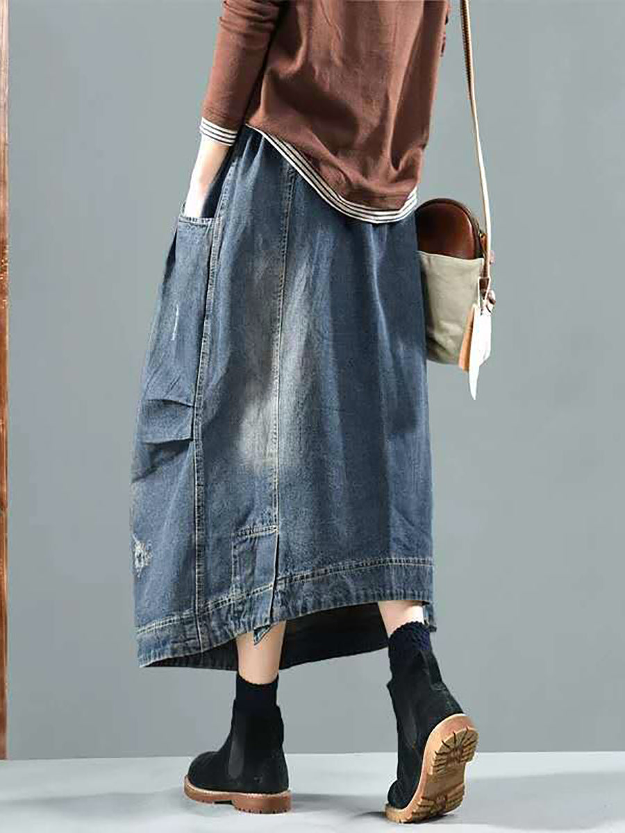 Plus Size Women Retro Fade Pocket Elastic Waist Denim Skirt