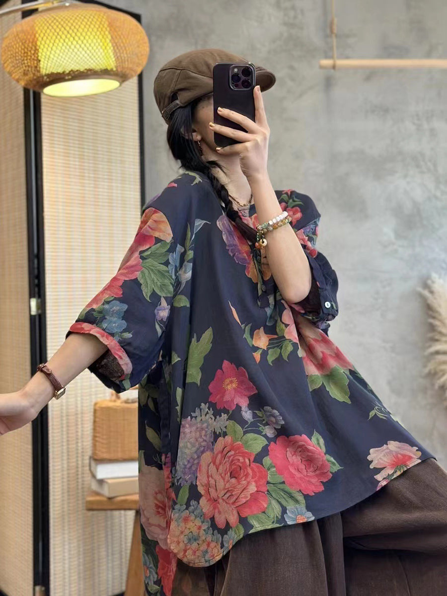 Plus Size Women Summer Casual Flower Button Loose Pullover Blouse