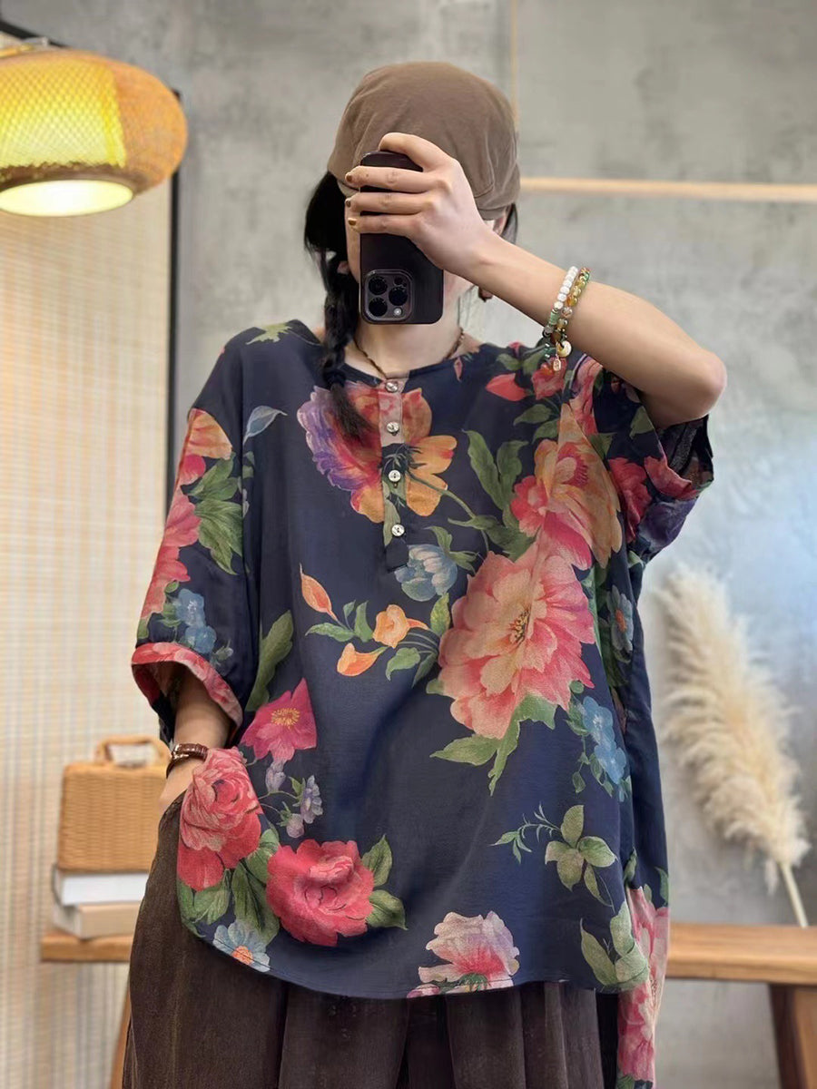 Plus Size Women Summer Casual Flower Button Loose Pullover Blouse