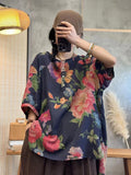 Plus Size Women Summer Casual Flower Button Loose Pullover Blouse