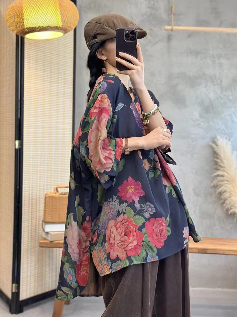 Plus Size Women Summer Casual Flower Button Loose Pullover Blouse