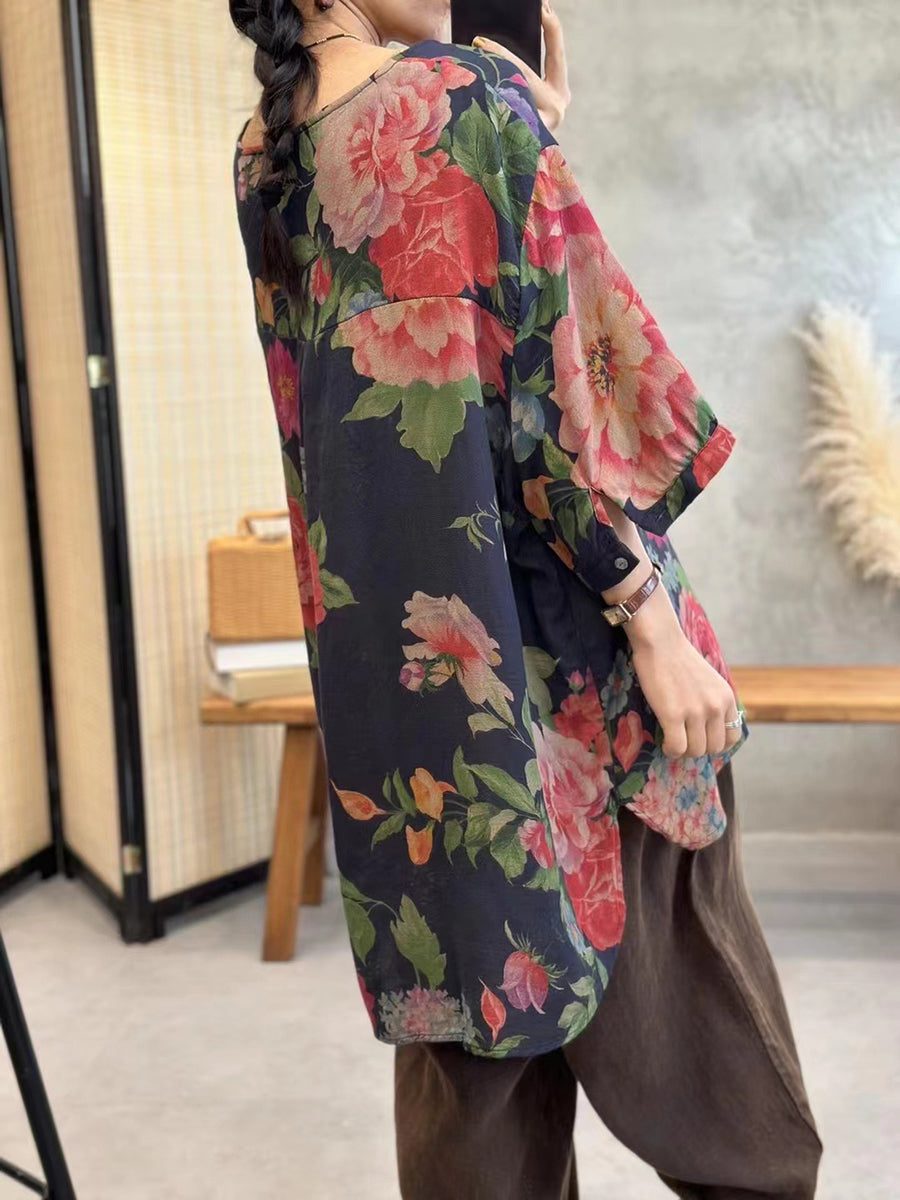Plus Size Women Summer Casual Flower Button Loose Pullover Blouse