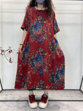 Plus Size Summer Vintage Ethnic Flower Button Loose Dress