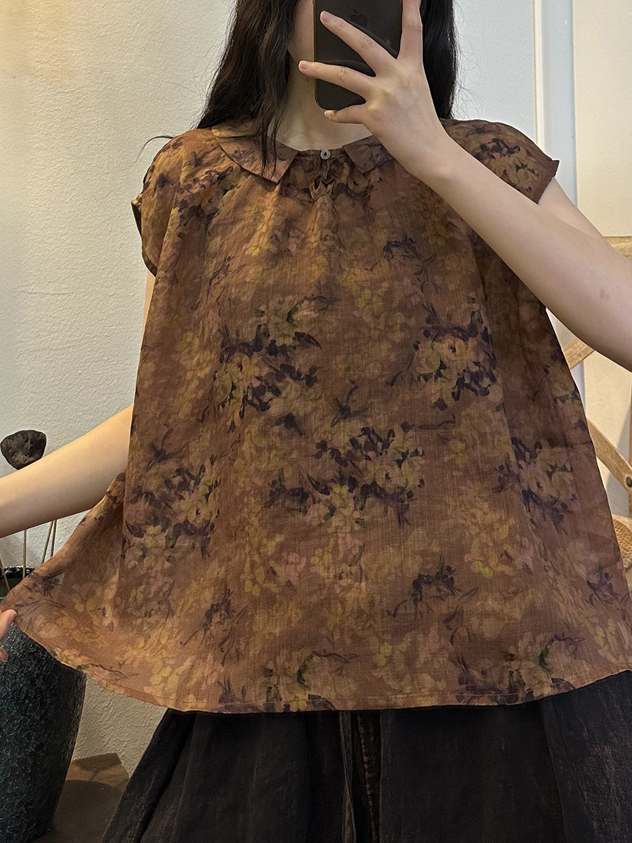 Plus Size Women Summer Vintage Flower Ramie Blouse