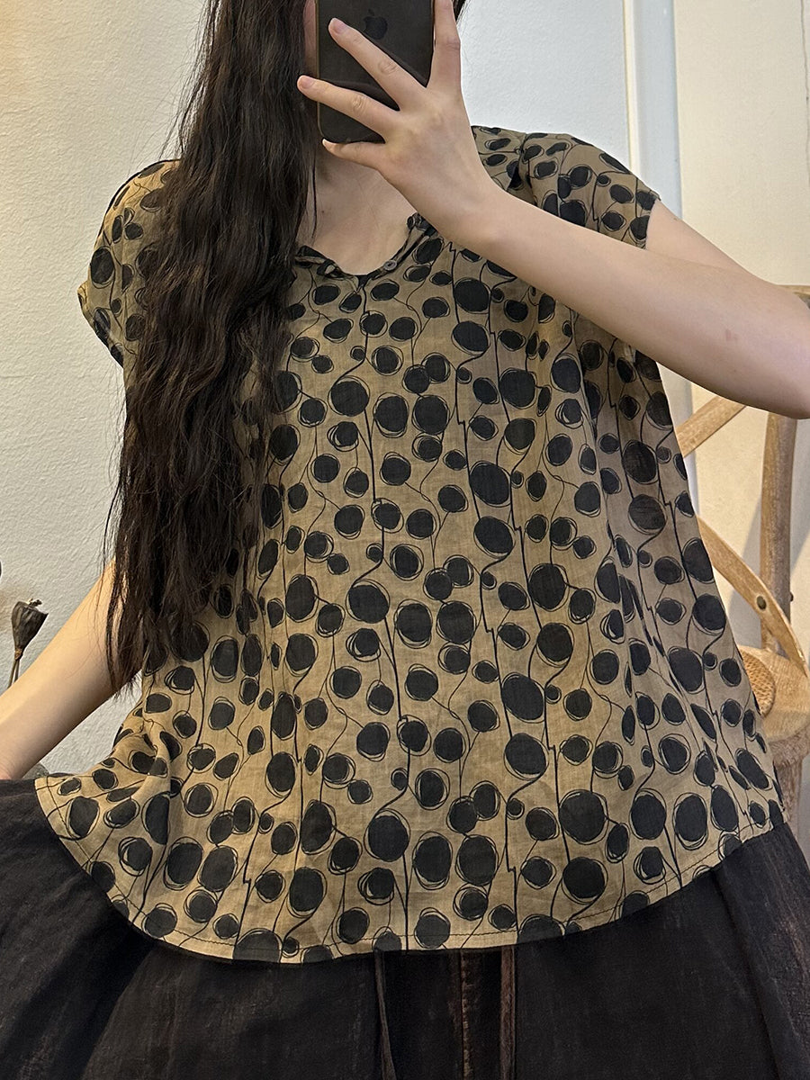 Plus Size Women Summer Vintage Flower Ramie Blouse