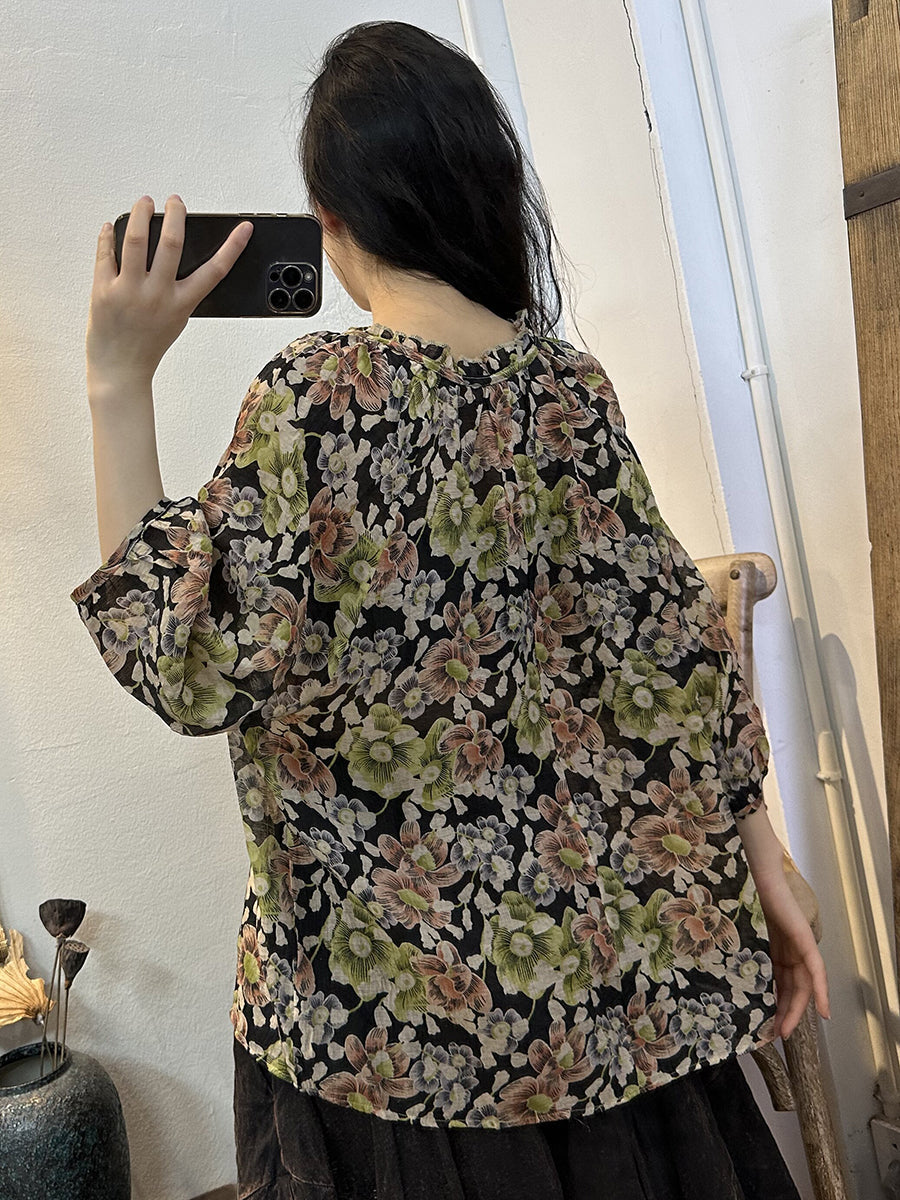 Plus Size Women Vintage Summer Flower Drawstring Thin Blouse
