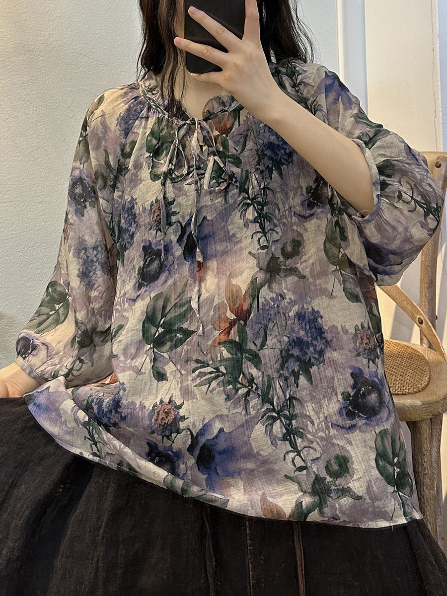 Plus Size Women Vintage Summer Flower Drawstring Thin Blouse