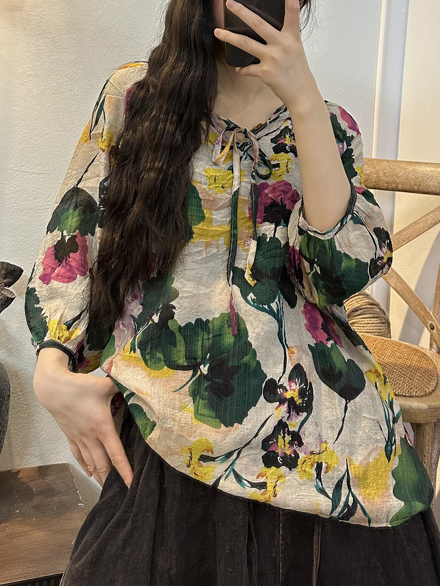 Plus Size Women Vintage Summer Flower Drawstring Thin Blouse