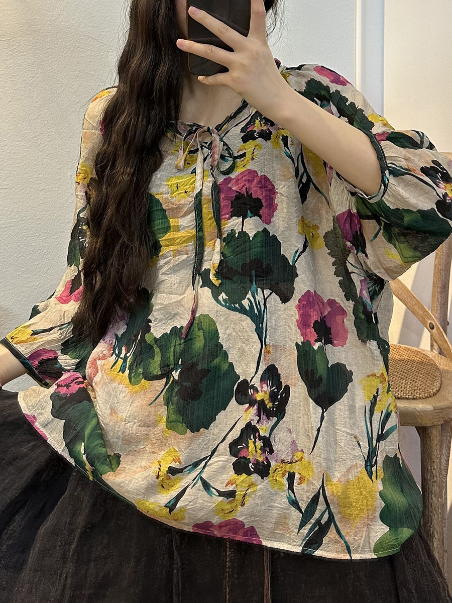 Plus Size Women Vintage Summer Flower Drawstring Thin Blouse