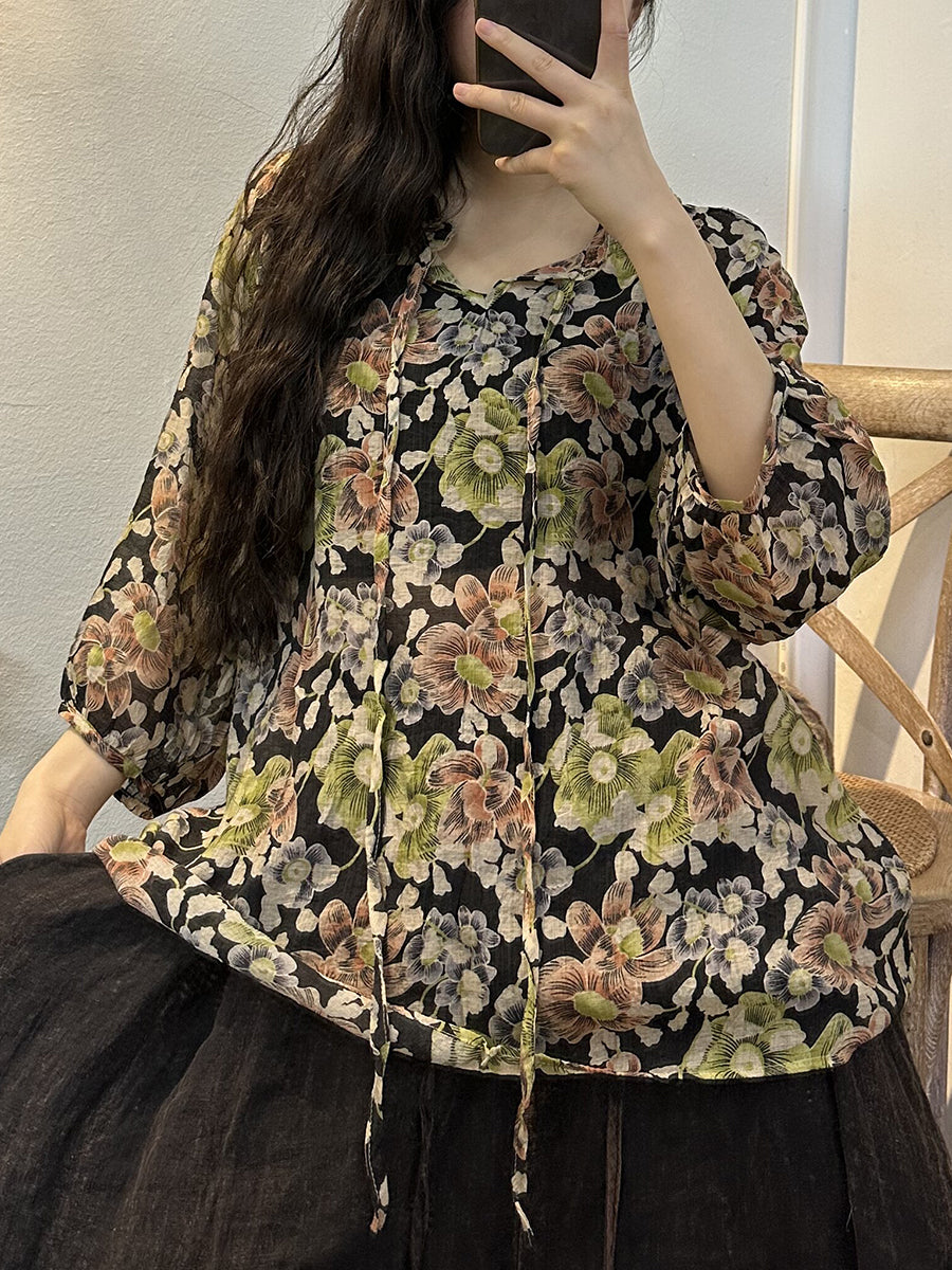 Plus Size Women Vintage Summer Flower Drawstring Thin Blouse
