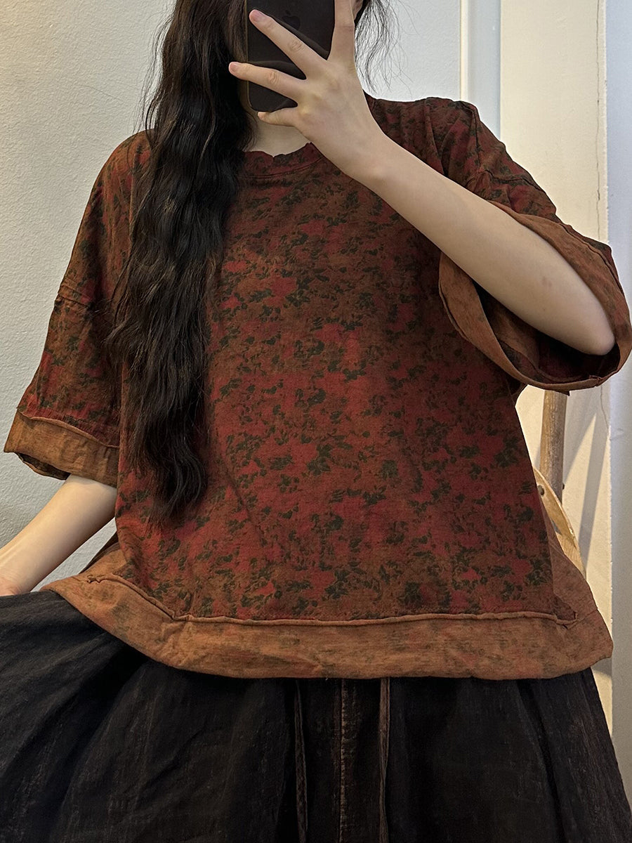 Plus Size Women Vintage Flower Spliced Worn Loose Blouse