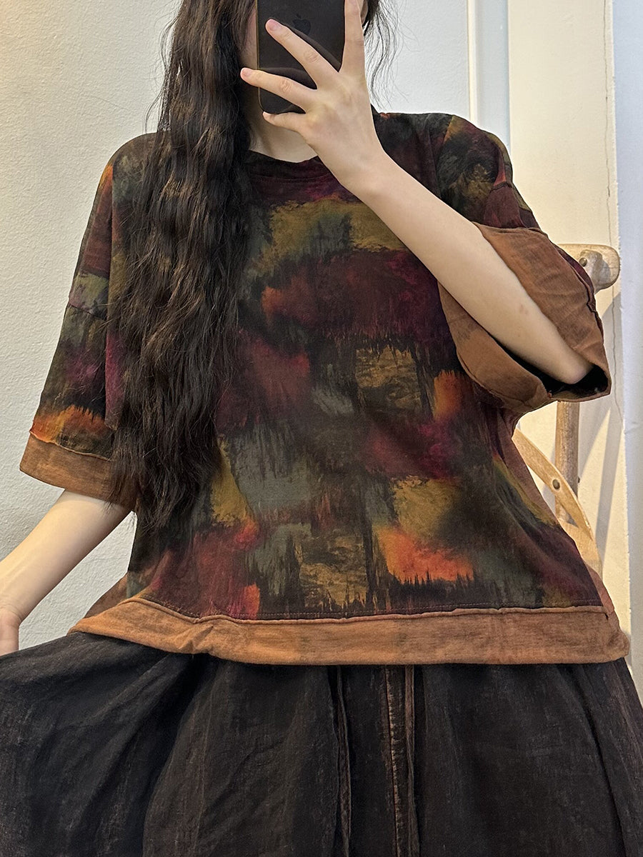 Plus Size Women Vintage Flower Spliced Worn Loose Blouse