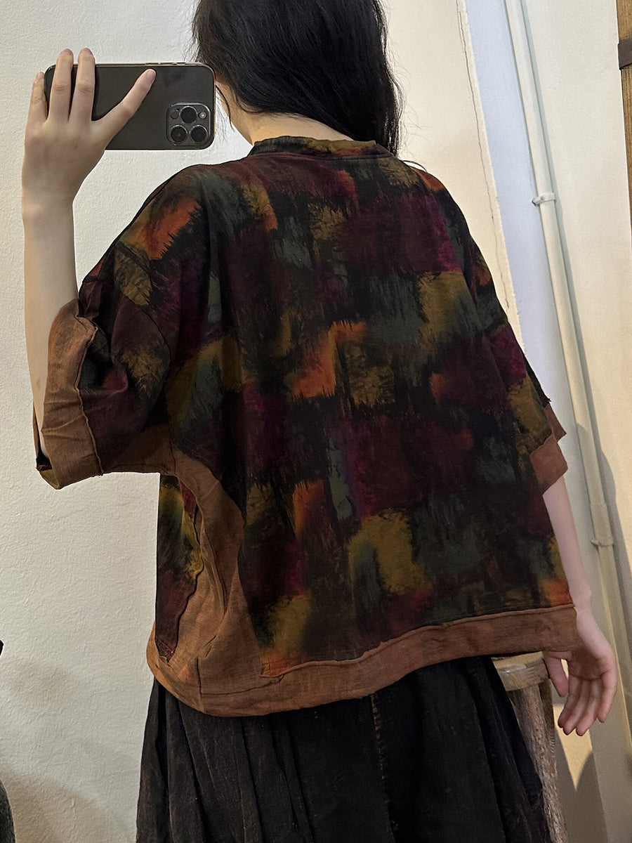 Plus Size Women Vintage Flower Spliced Worn Loose Blouse