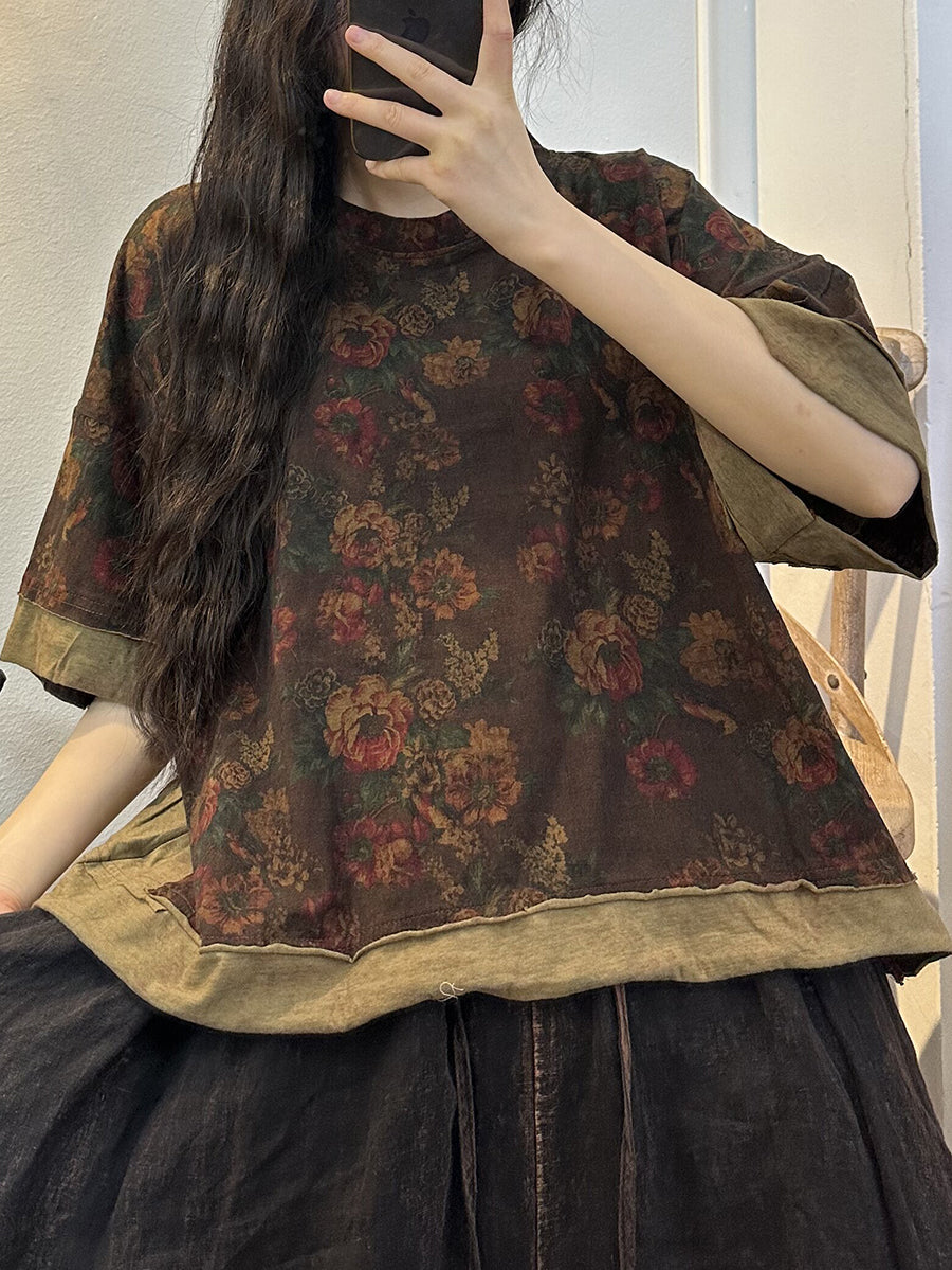 Plus Size Women Vintage Flower Spliced Worn Loose Blouse