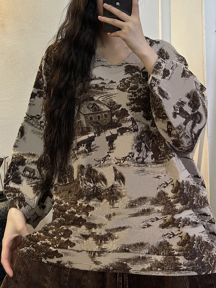 Plus Size Women Vintage Print V-Neck Long Sleeve Blouse
