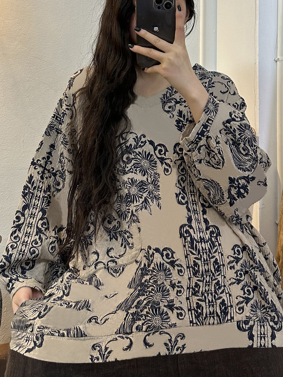 Plus Size Women Vintage Print V-Neck Long Sleeve Blouse