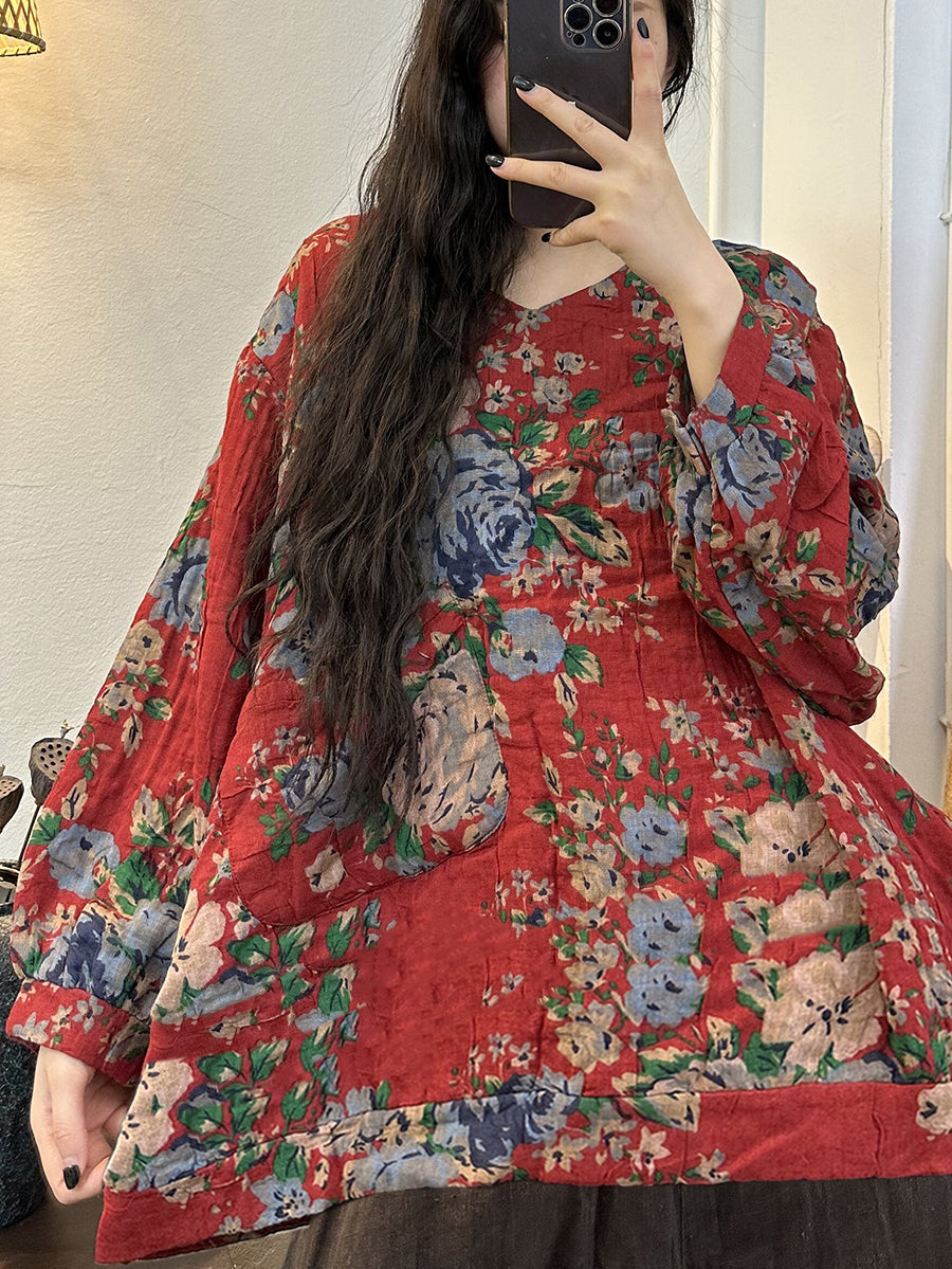 Plus Size Women Vintage Print V-Neck Long Sleeve Blouse