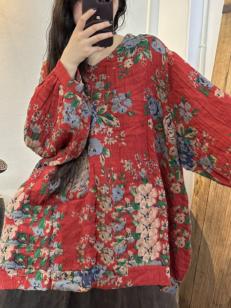 Plus Size Women Vintage Print V-Neck Long Sleeve Blouse