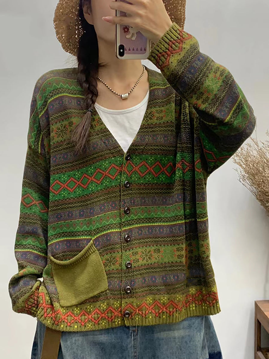 Plus Size Women Autumn Geometric Knitted V-neck Sweater