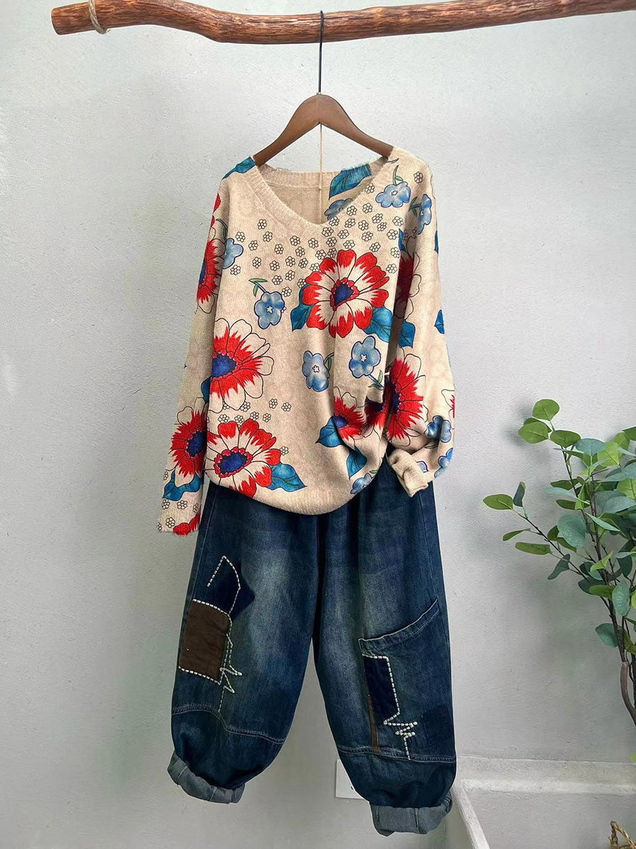 Women Casual Flower Spring V-Neck Knitted Sweater