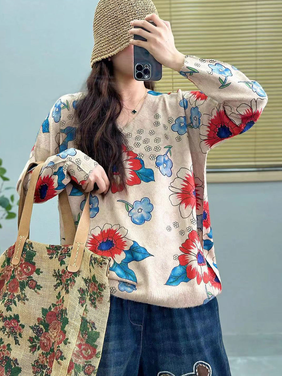 Women Casual Flower Spring V-Neck Knitted Sweater