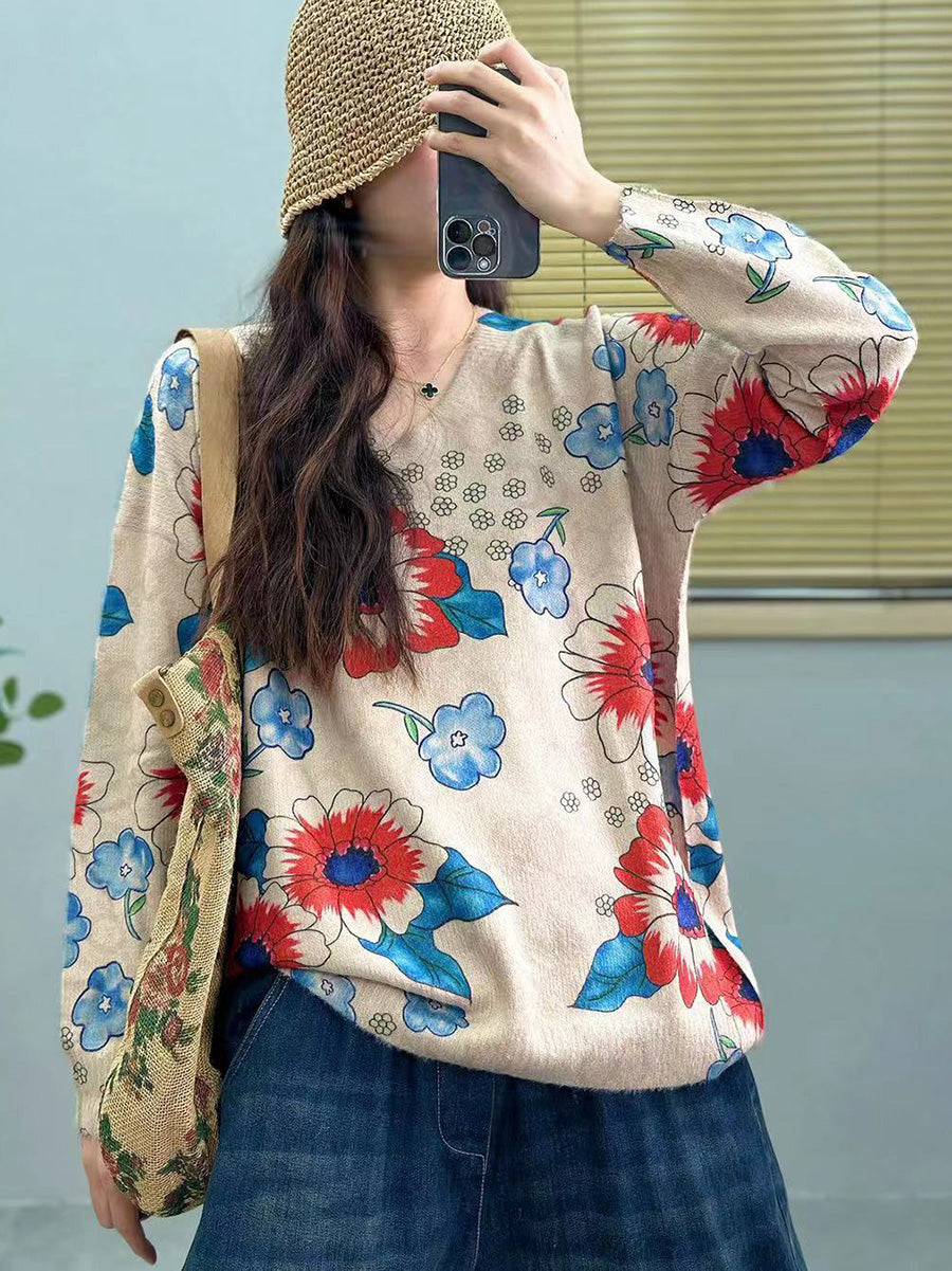 Women Casual Flower Spring V-Neck Knitted Sweater