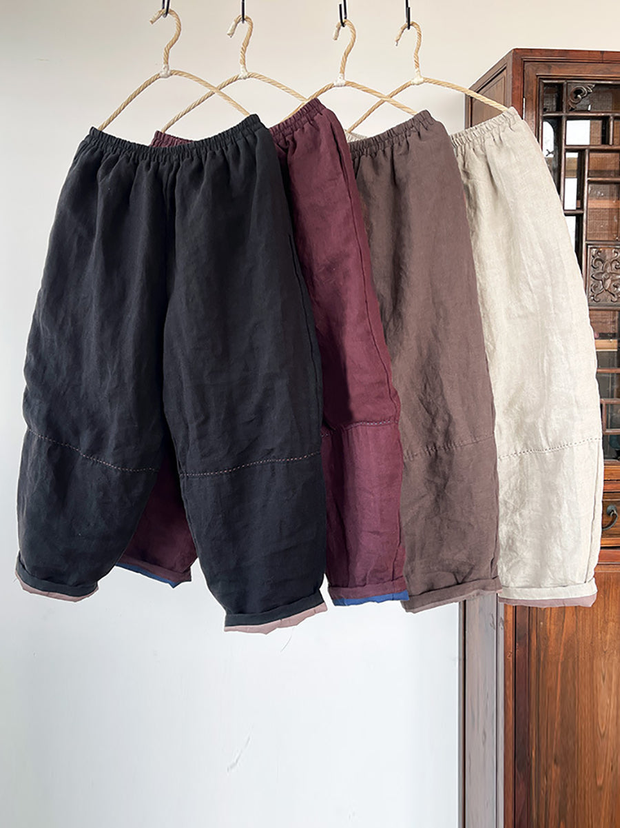 Plus Size Women Winter Retro Solid Linen Harem Pants