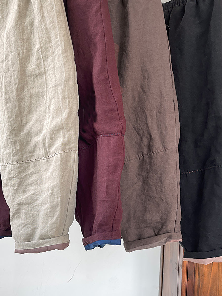 Plus Size Women Winter Retro Solid Linen Harem Pants