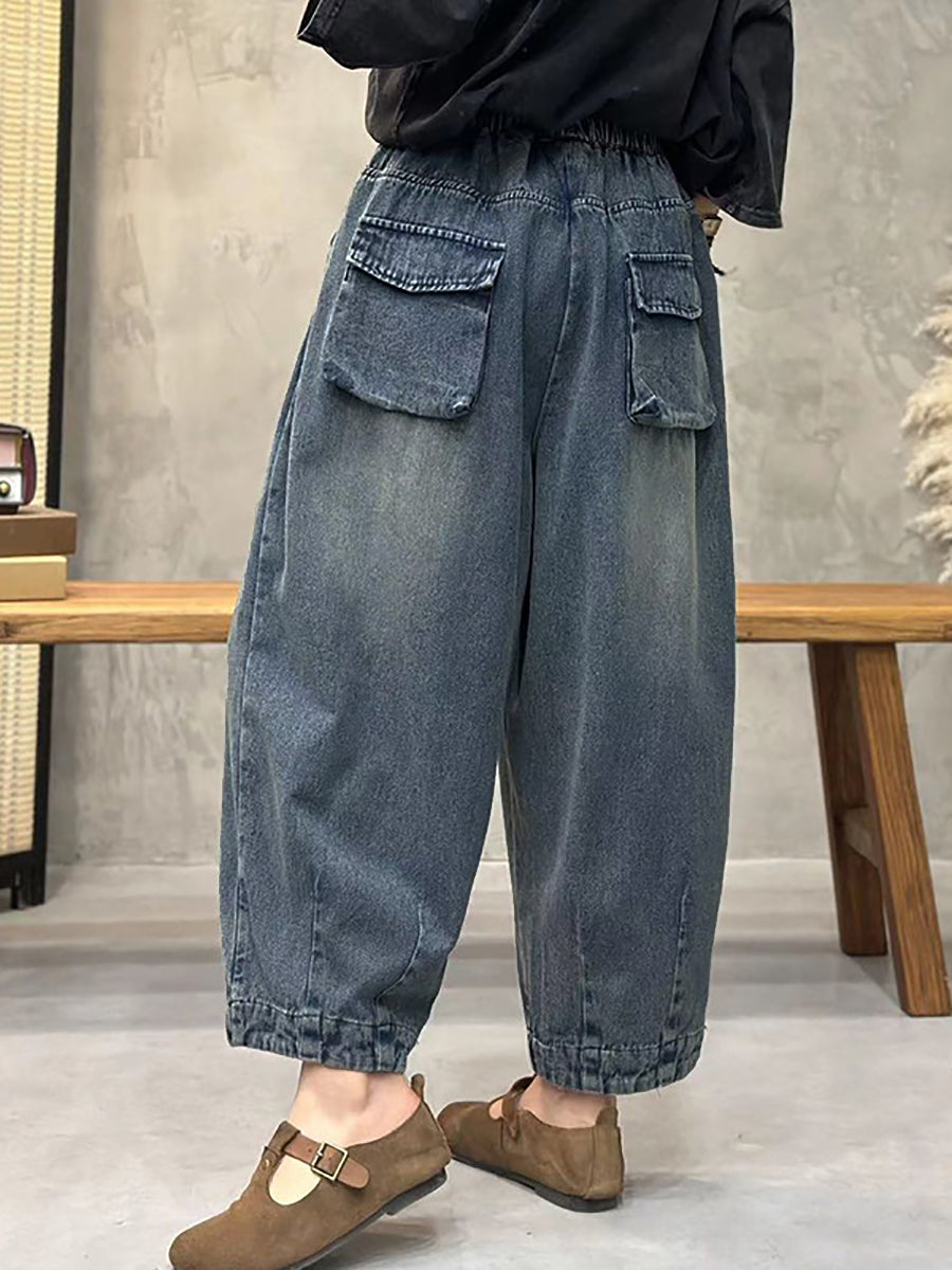 Plus Size Women Spring Retro Washed Denim Harem Pants