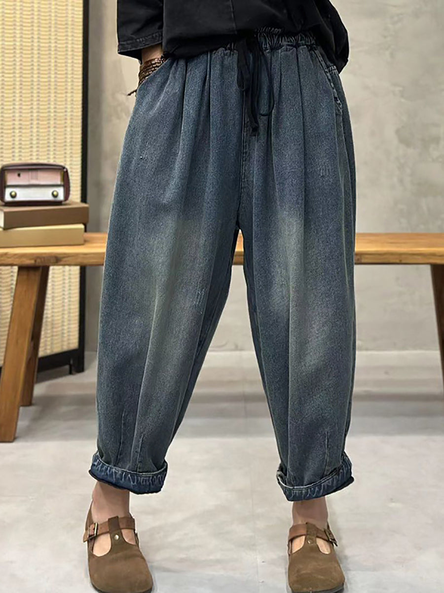 Plus Size Women Spring Retro Washed Denim Harem Pants