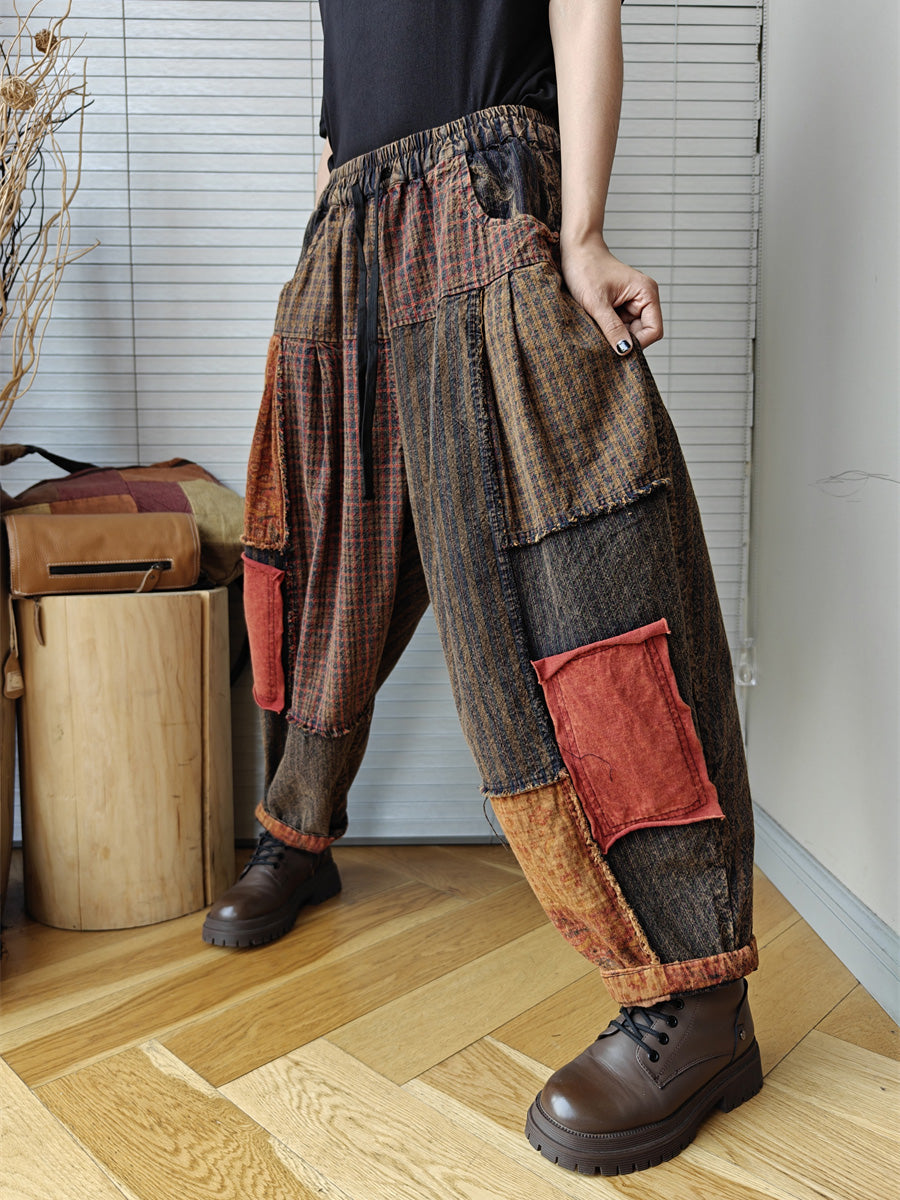 Plus Size Women Vintage Patchwork Spring 100%Cotton Harem Pants