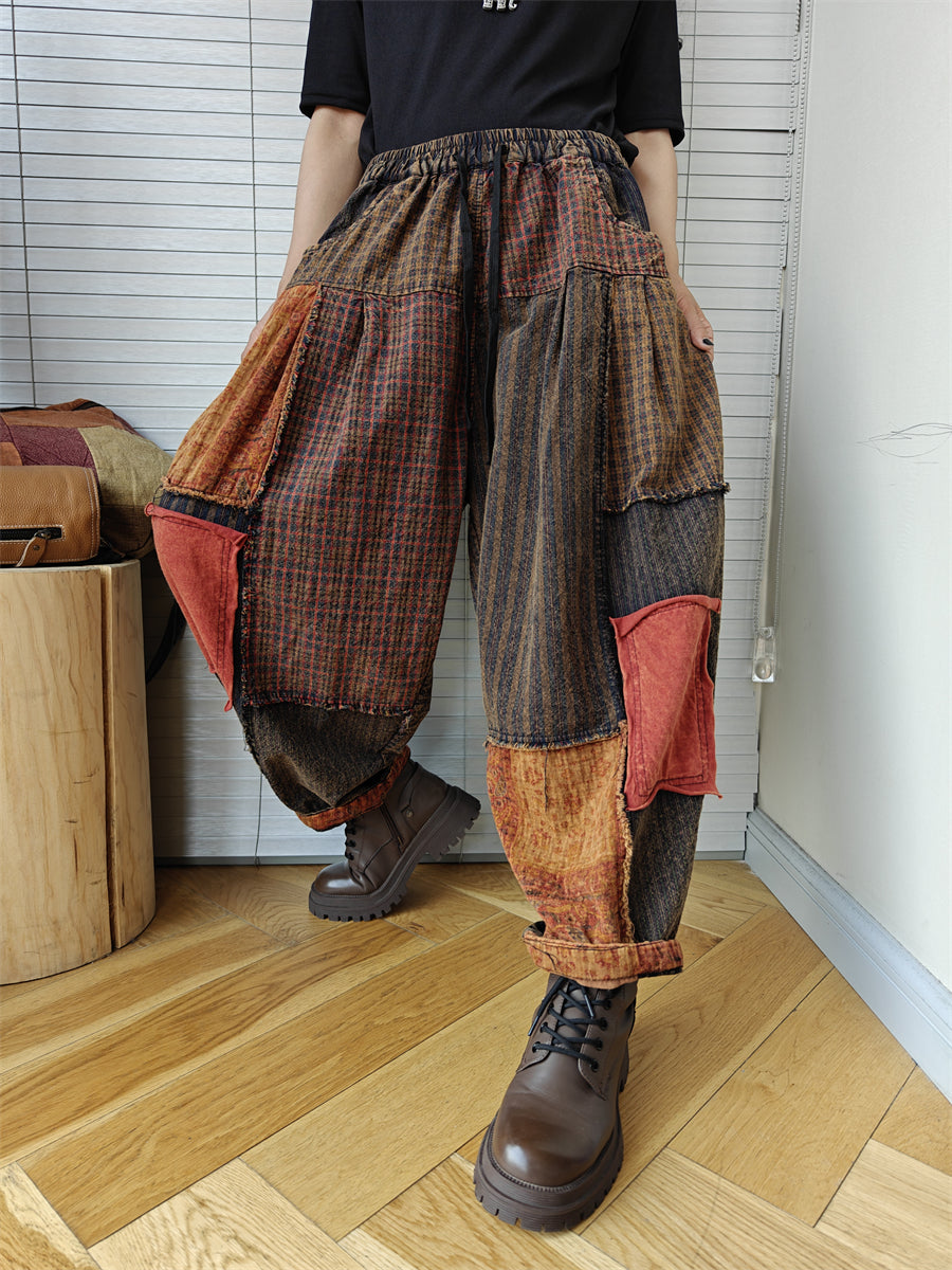 Plus Size Women Vintage Patchwork Spring 100%Cotton Harem Pants