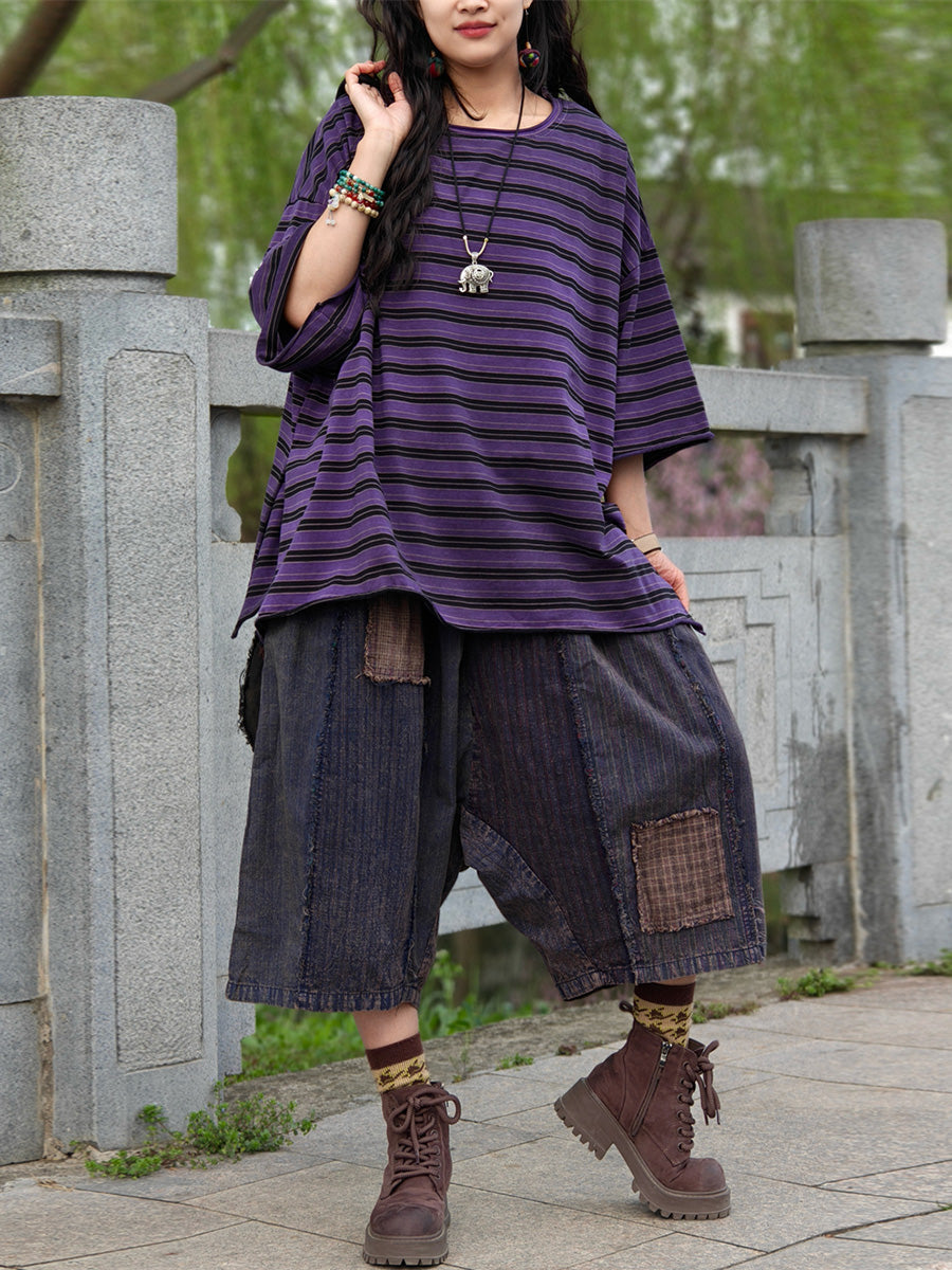Plus Size Women Casual Summer Stripe Cotton Blouse