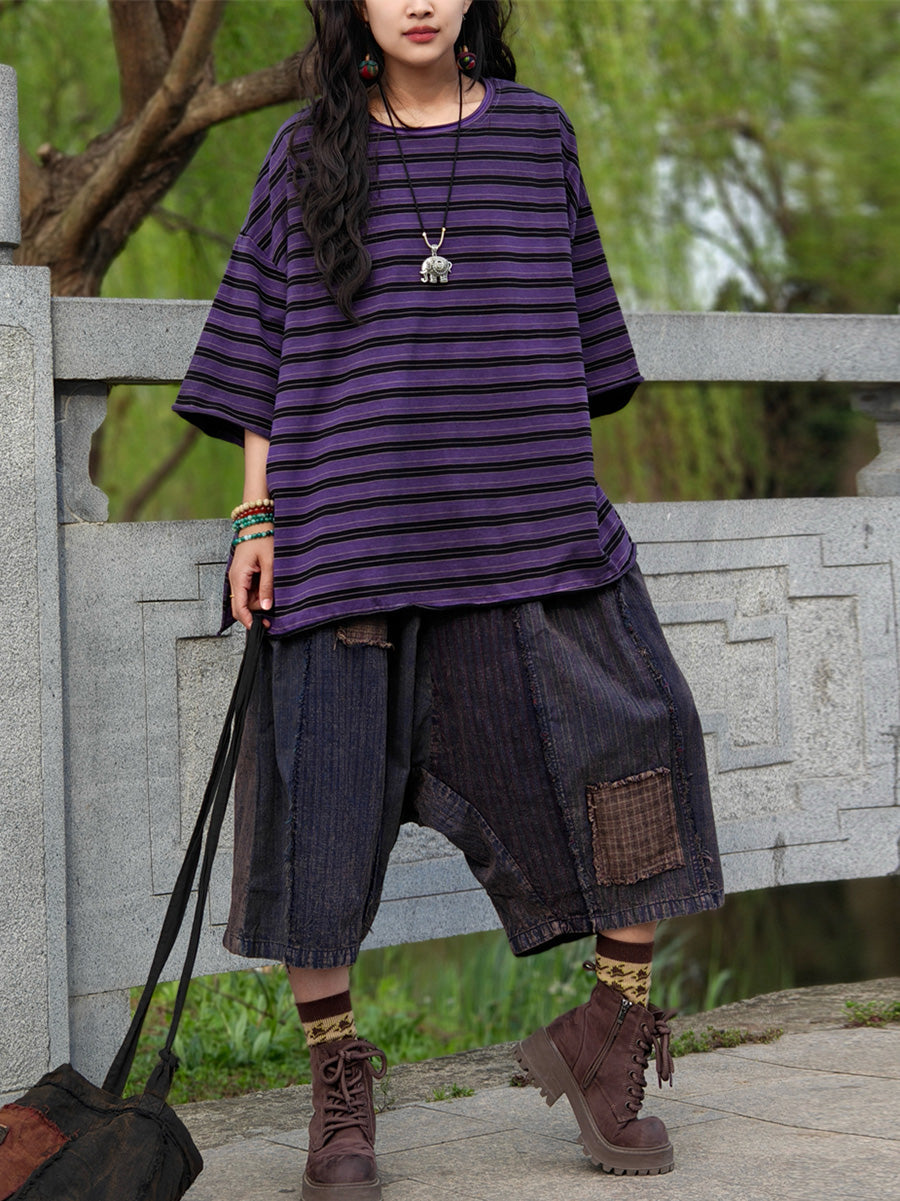 Plus Size Women Casual Summer Stripe Cotton Blouse