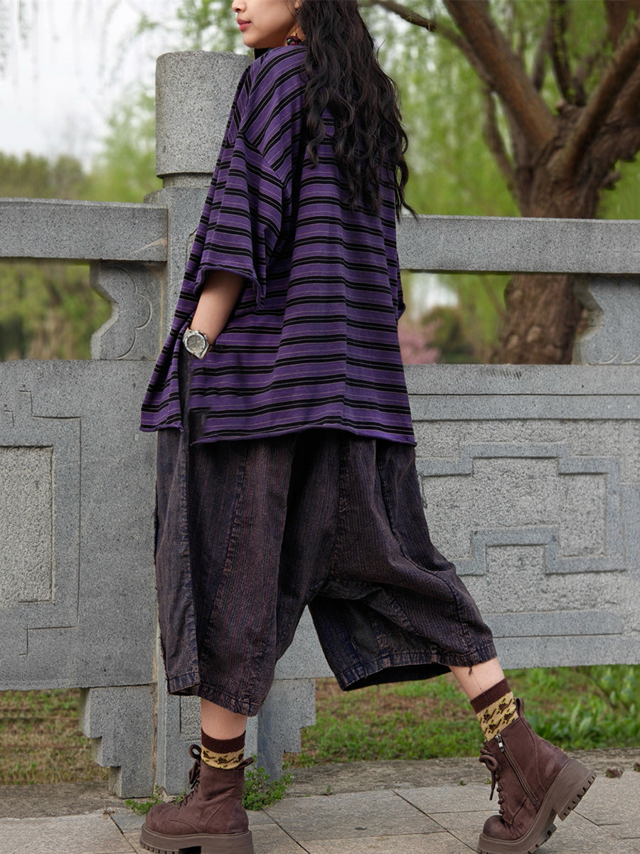 Plus Size Women Casual Summer Stripe Cotton Blouse