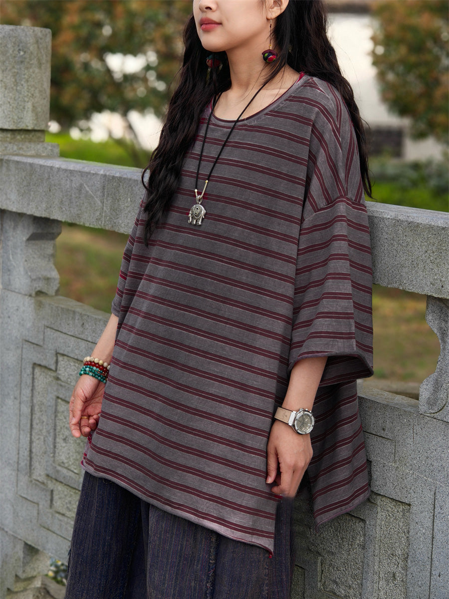 Plus Size Women Casual Summer Stripe Cotton Blouse