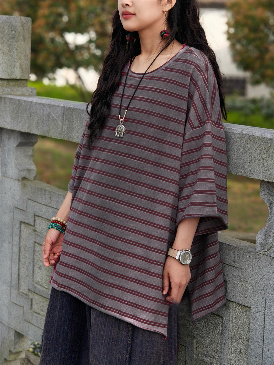 Plus Size Women Casual Summer Stripe Cotton Blouse