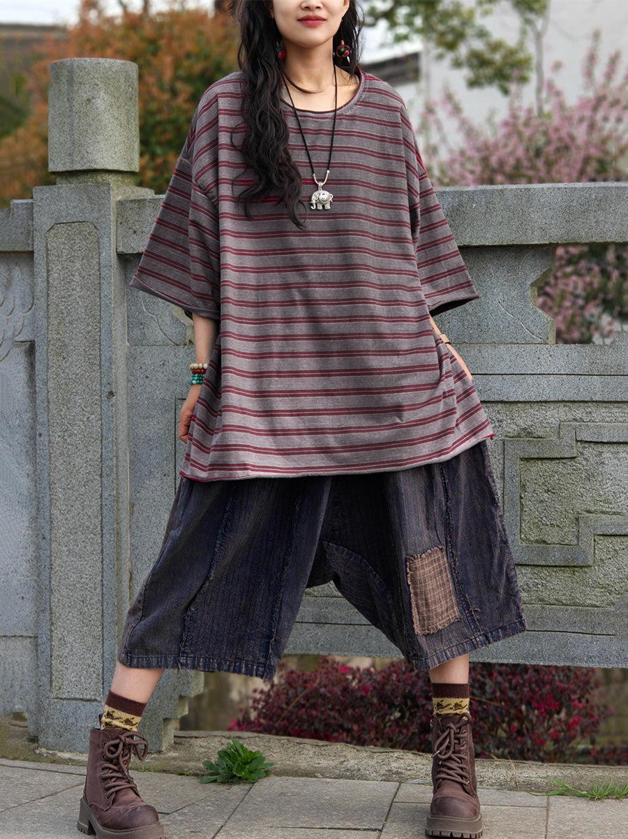 Plus Size Women Casual Summer Stripe Cotton Blouse