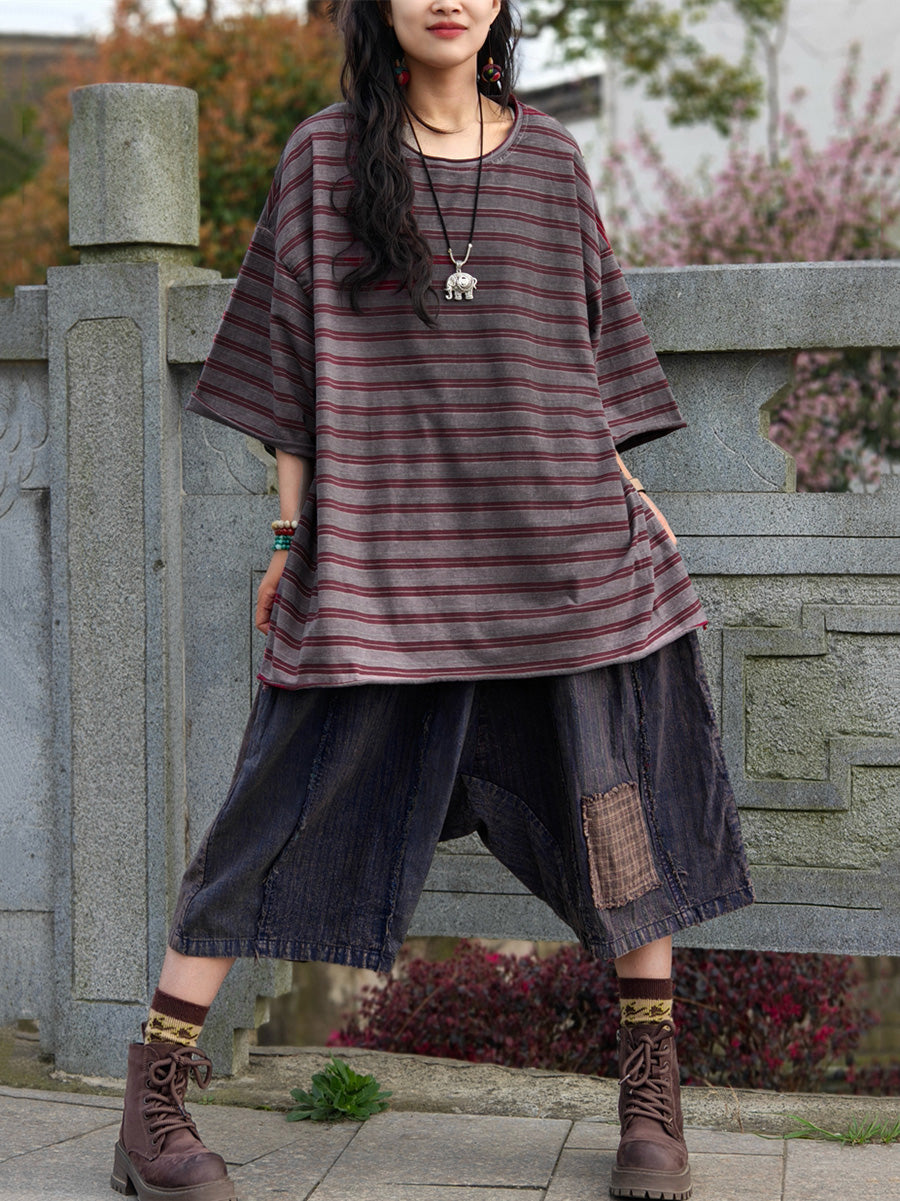 Plus Size Women Casual Summer Stripe Cotton Blouse