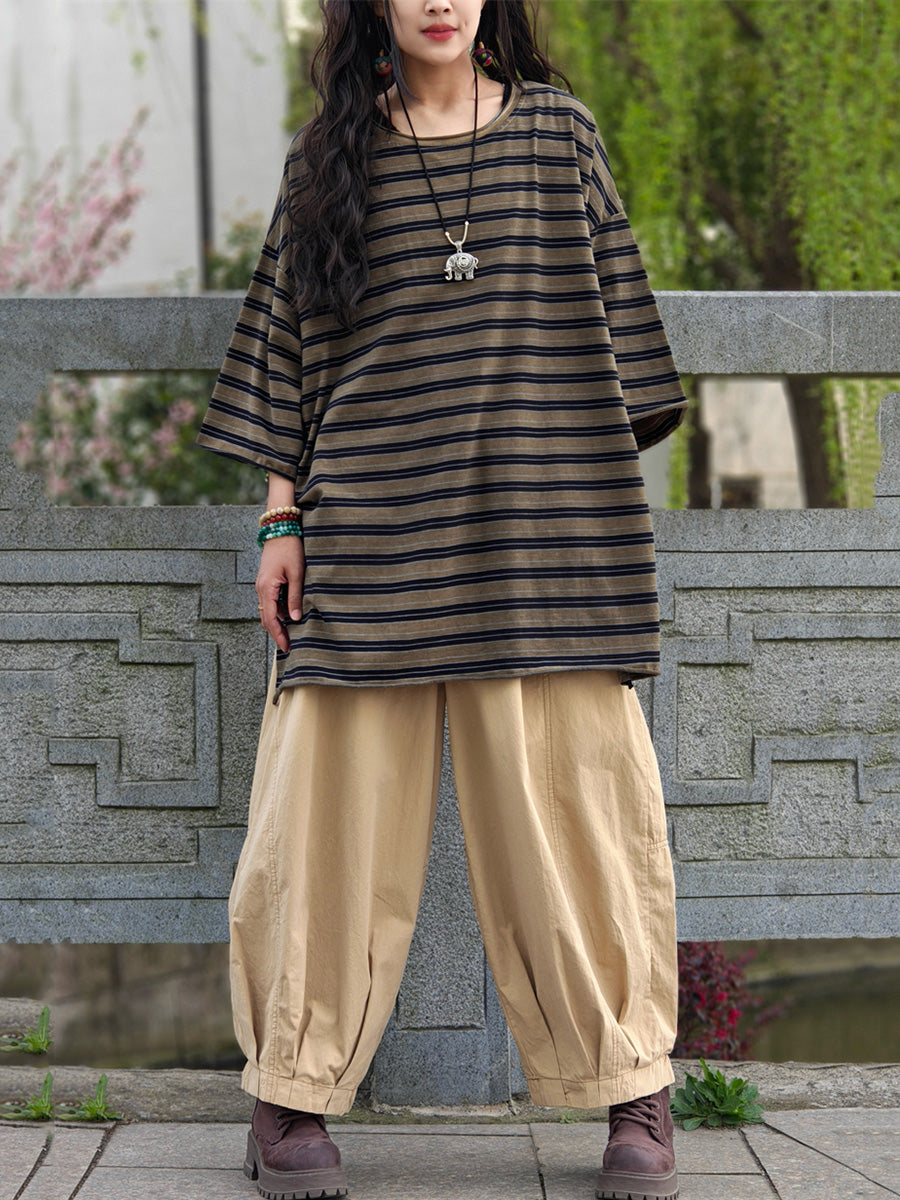 Plus Size Women Casual Summer Stripe Cotton Blouse