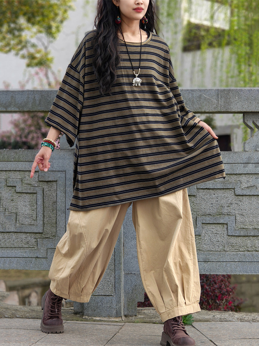 Plus Size Women Casual Summer Stripe Cotton Blouse