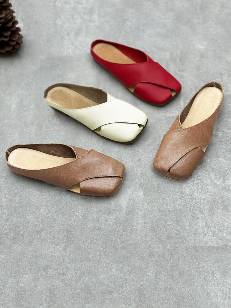 Women Summer Solid Leather Spliced Slippers