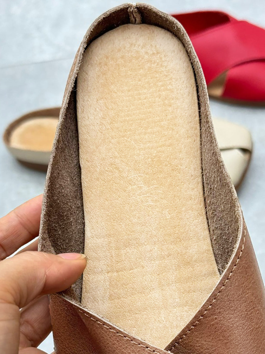 Women Summer Solid Leather Spliced Slippers