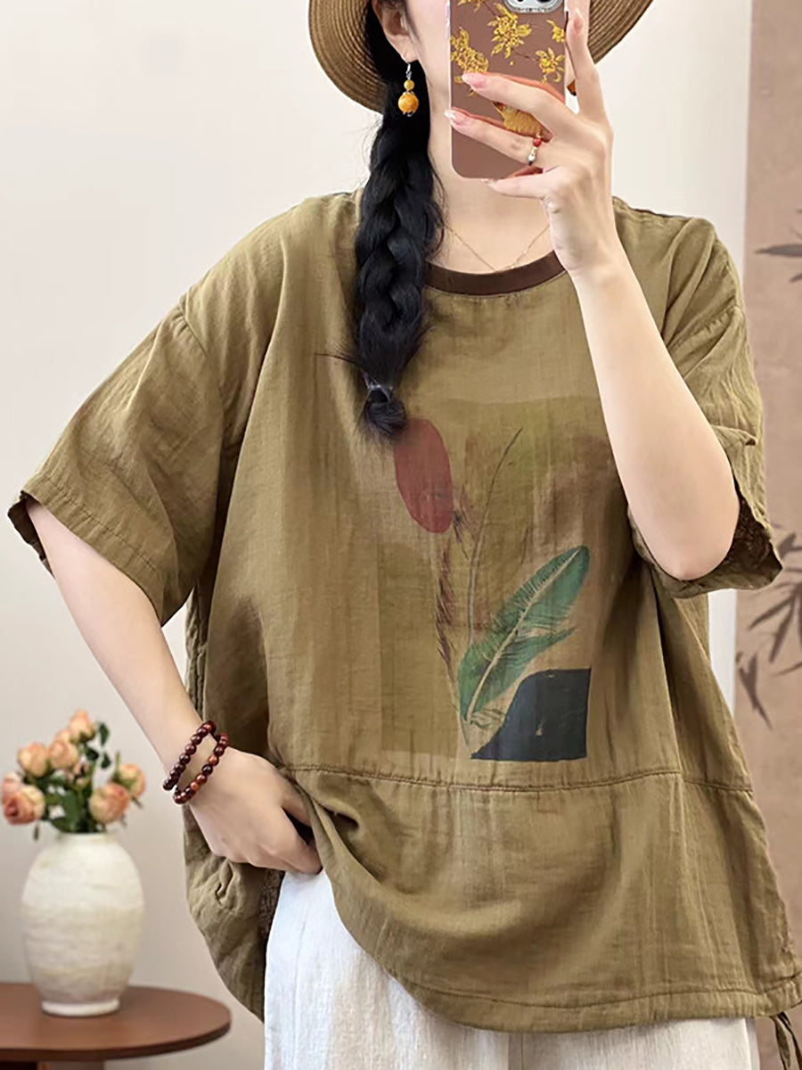 Plus Size Women Summer Cotton Summer Feather Print Shirt