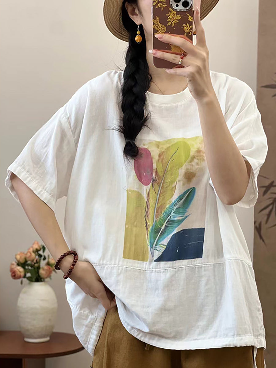 Plus Size Women Summer Cotton Summer Feather Print Shirt