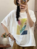 Plus Size Women Summer Cotton Summer Feather Print Shirt