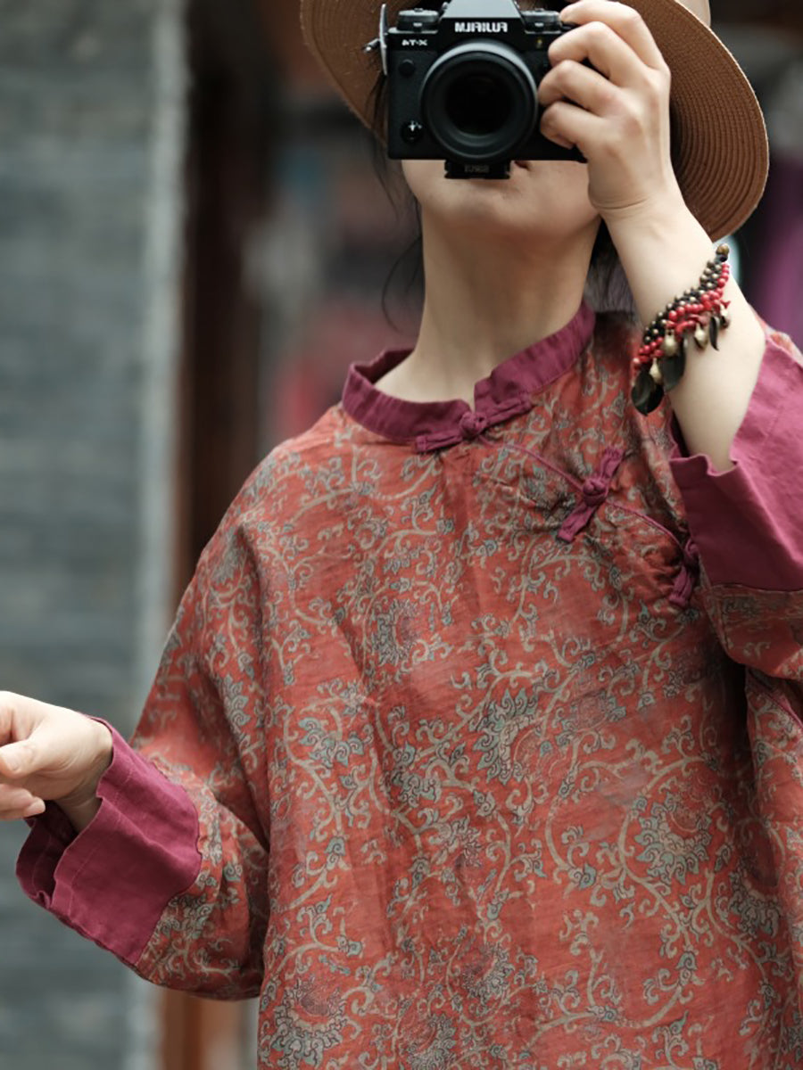Women Autumn Vintage Floral Spliced Ramie Dress