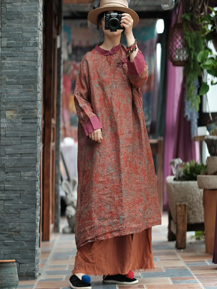 Women Autumn Vintage Floral Spliced Ramie Dress