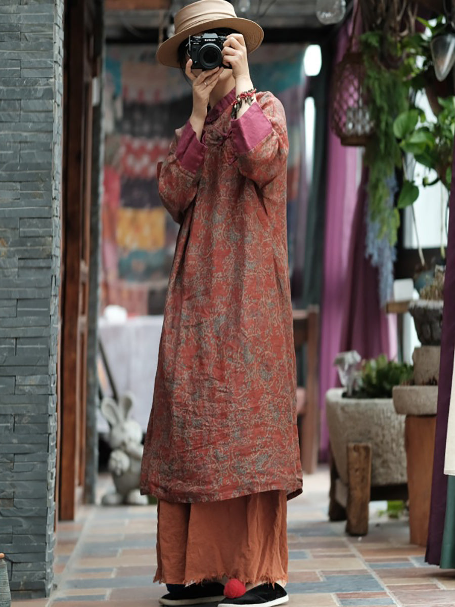 Women Autumn Vintage Floral Spliced Ramie Dress